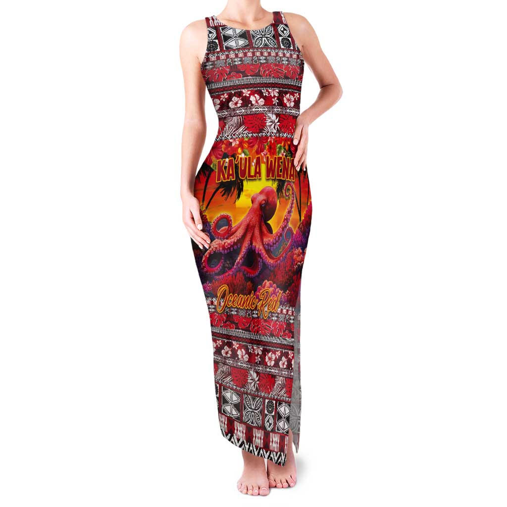 Hawaii KaUla Wena Octopus Tank Maxi Dress Oceanic Red with Corals and Tropical On Sunset Landscape LT03 Women Red - Polynesian Pride