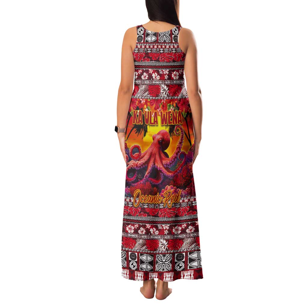 Hawaii KaUla Wena Octopus Tank Maxi Dress Oceanic Red with Corals and Tropical On Sunset Landscape LT03 - Polynesian Pride