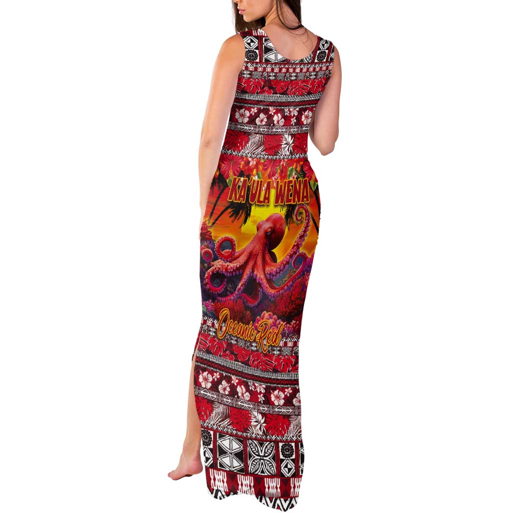 Hawaii KaUla Wena Octopus Tank Maxi Dress Oceanic Red with Corals and Tropical On Sunset Landscape LT03 - Polynesian Pride