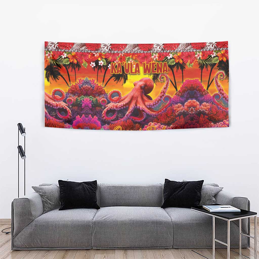 Hawaii KaʻUla Wena Octopus Tapestry Oceanic Red with Corals and Tropical On Sunset Landscape