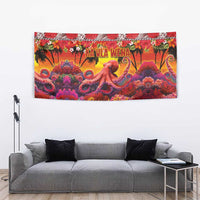 Hawaii KaʻUla Wena Octopus Tapestry Oceanic Red with Corals and Tropical On Sunset Landscape