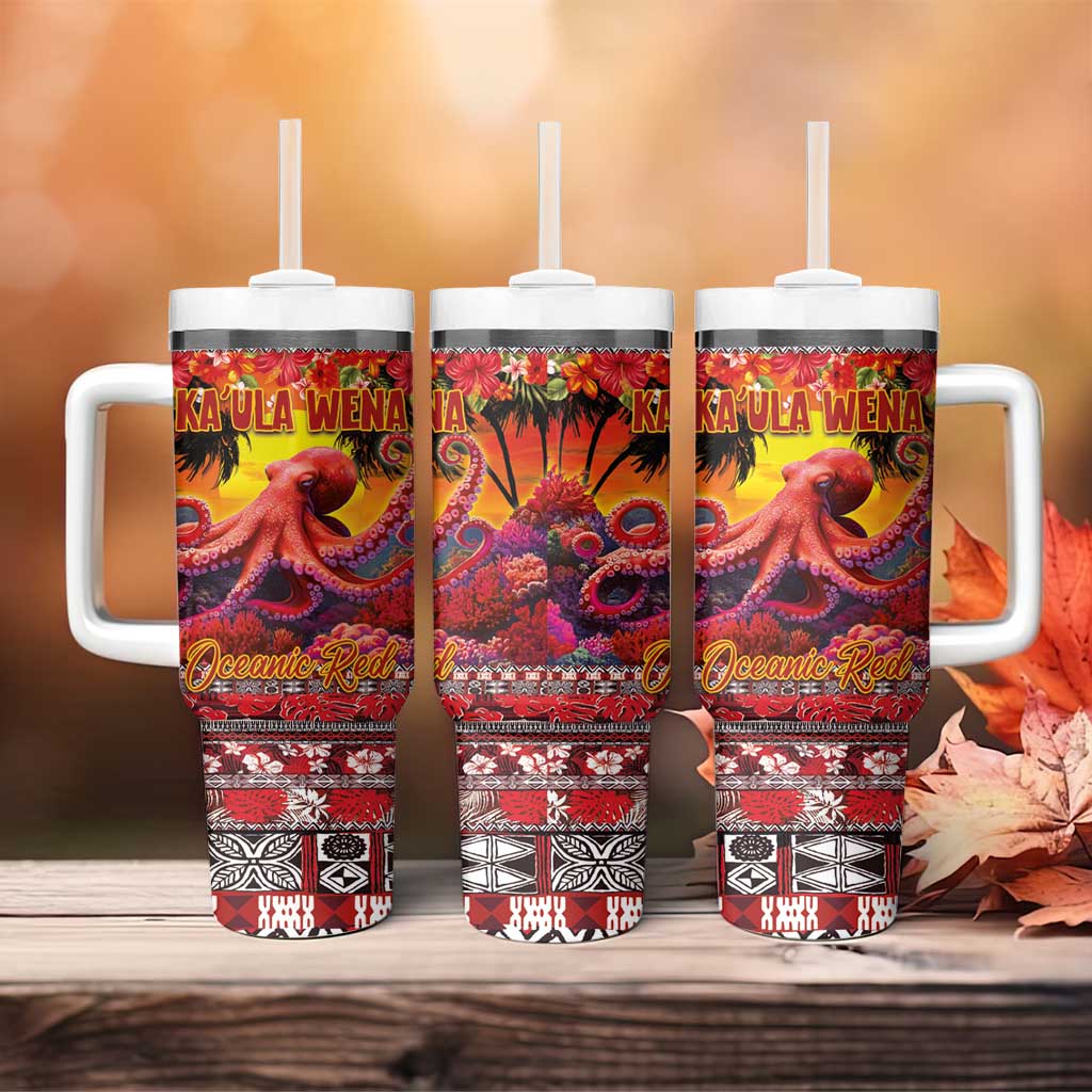Hawaii KaʻUla Wena Octopus Tumbler With Handle Oceanic Red with Corals and Tropical On Sunset Landscape