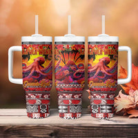 Hawaii KaʻUla Wena Octopus Tumbler With Handle Oceanic Red with Corals and Tropical On Sunset Landscape