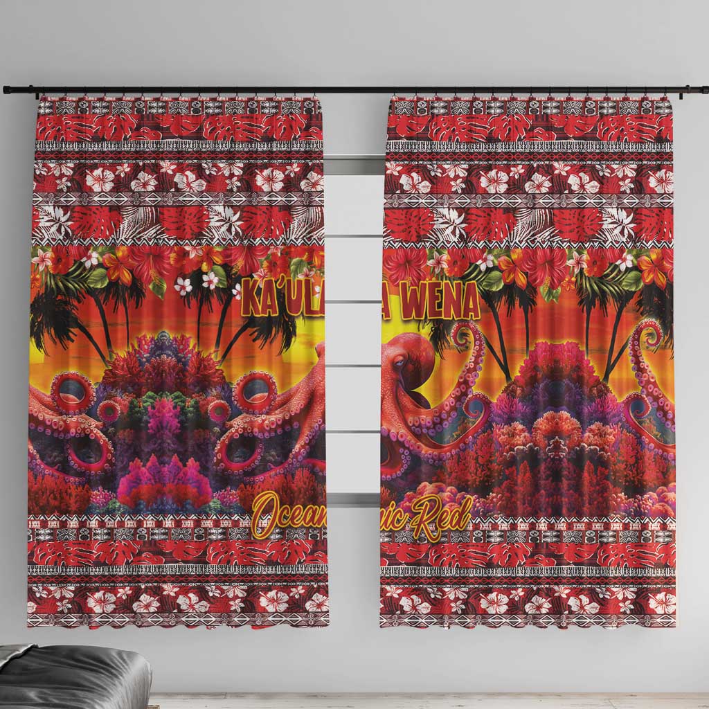 Hawaii KaUla Wena Octopus Window Curtain Oceanic Red with Corals and Tropical On Sunset Landscape LT03 With Hooks Red - Polynesian Pride