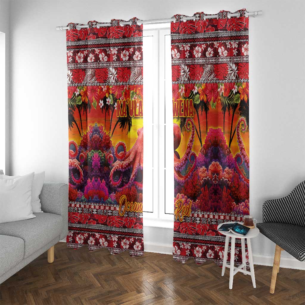 Hawaii KaUla Wena Octopus Window Curtain Oceanic Red with Corals and Tropical On Sunset Landscape LT03 With Grommets Red - Polynesian Pride