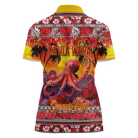 Hawaii KaʻUla Wena Octopus Women Polo Shirt Oceanic Red with Corals and Tropical On Sunset Landscape