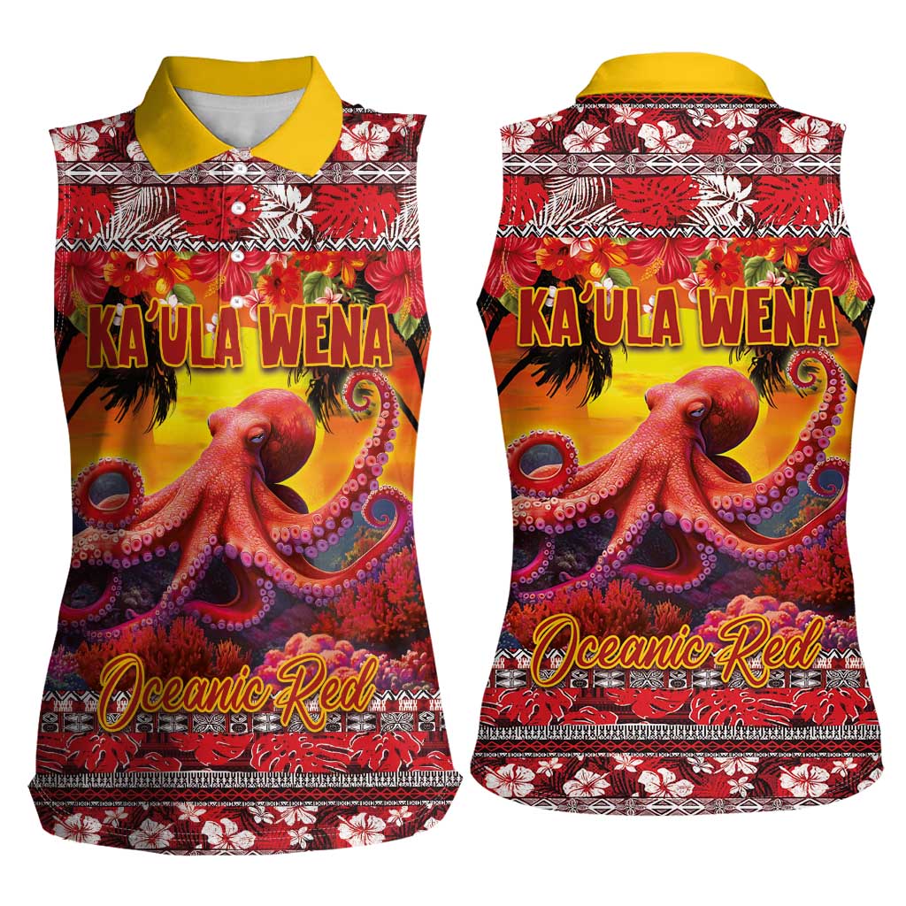 Hawaii KaʻUla Wena Octopus Women Sleeveless Polo Shirt Oceanic Red with Corals and Tropical On Sunset Landscape