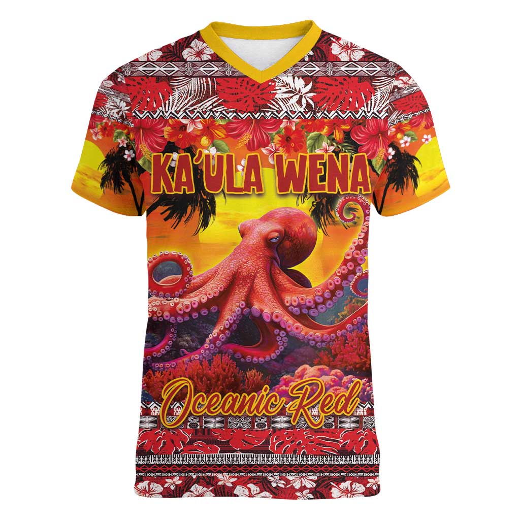 Hawaii KaUla Wena Octopus Women V-Neck T-Shirt Oceanic Red with Corals and Tropical On Sunset Landscape LT03 Female Red - Polynesian Pride