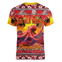 Hawaii KaUla Wena Octopus Women V-Neck T-Shirt Oceanic Red with Corals and Tropical On Sunset Landscape LT03 - Polynesian Pride