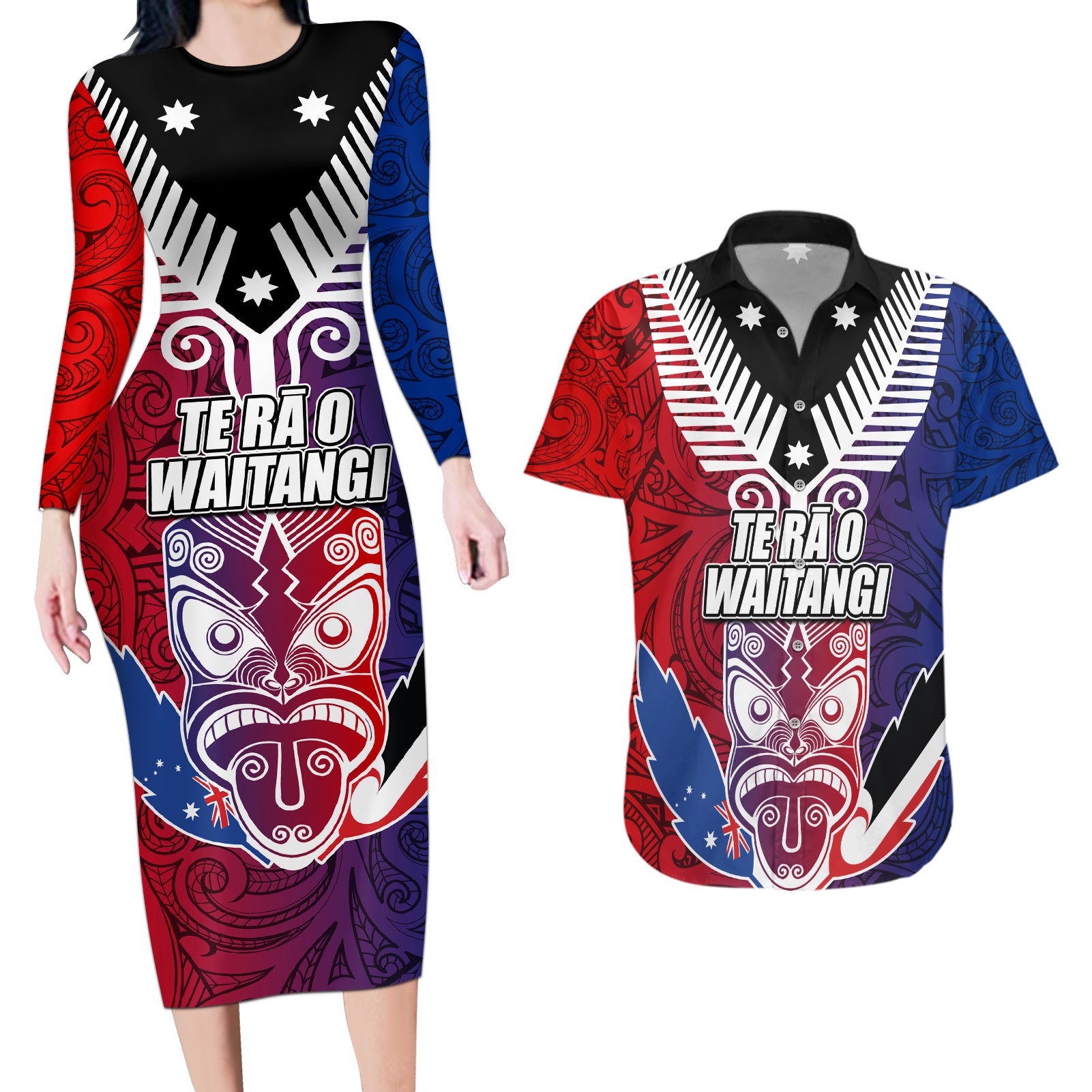 New Zealand Waitangi Couples Matching Long Sleeve Bodycon Dress and Hawaiian Shirt Kia Ora Maori Koruru Tiki Mask LT03 Red - Polynesian Pride