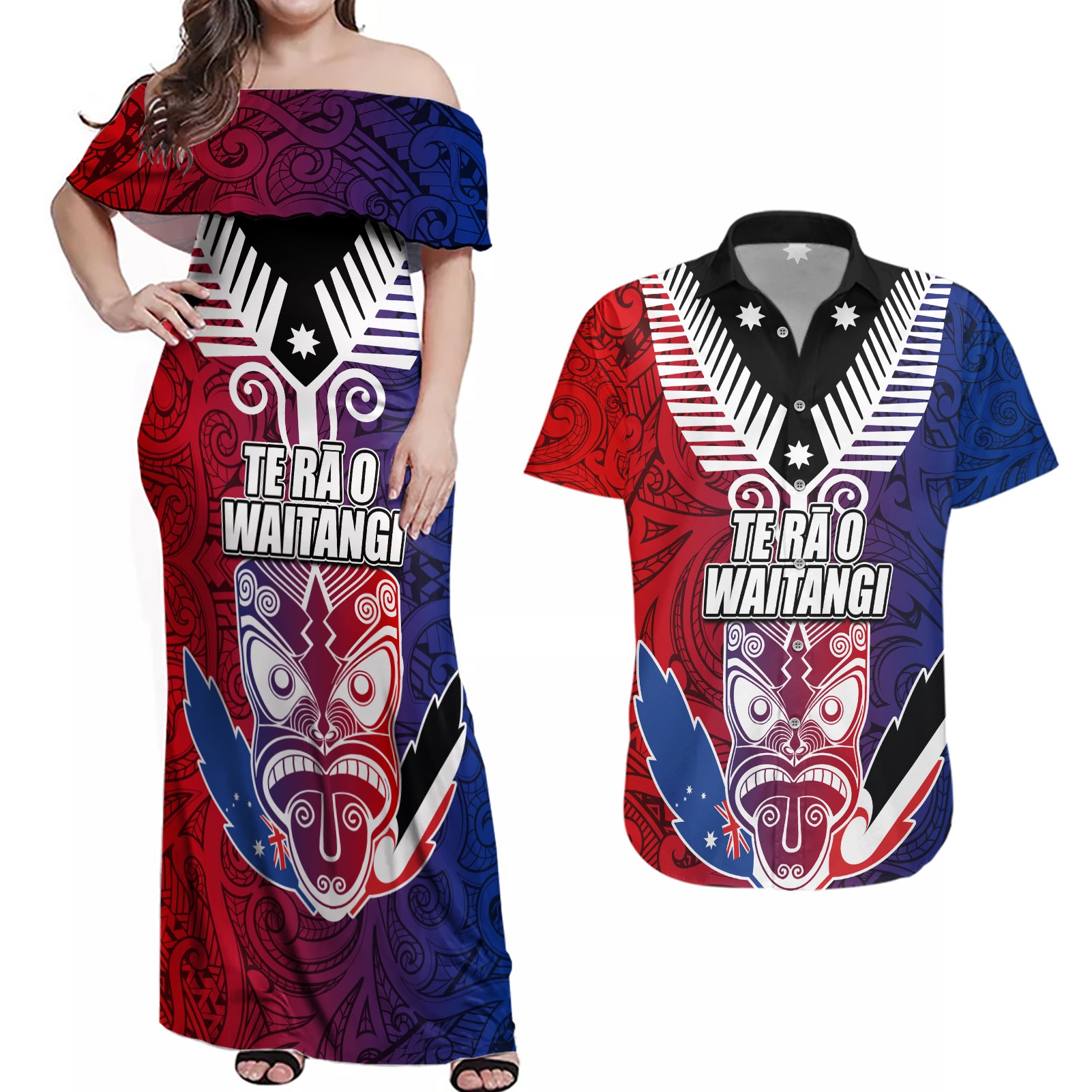 New Zealand Waitangi Couples Matching Off Shoulder Maxi Dress and Hawaiian Shirt Kia Ora Maori Koruru Tiki Mask LT03 Red - Polynesian Pride