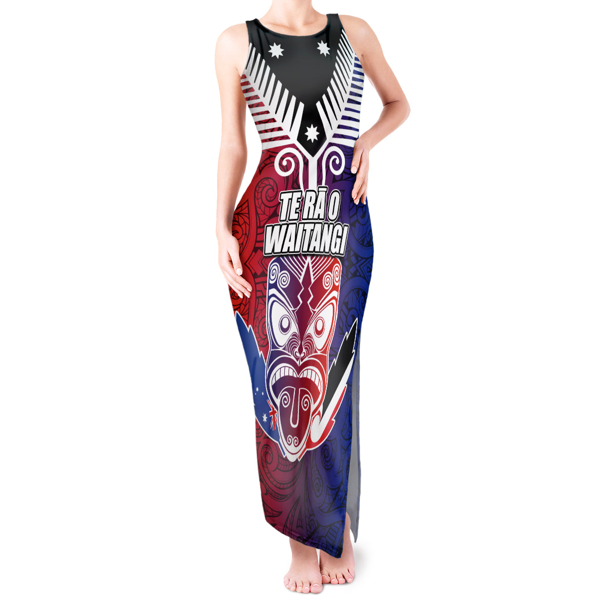 New Zealand Waitangi Tank Maxi Dress Kia Ora Maori Koruru Tiki Mask LT03 Women Red - Polynesian Pride