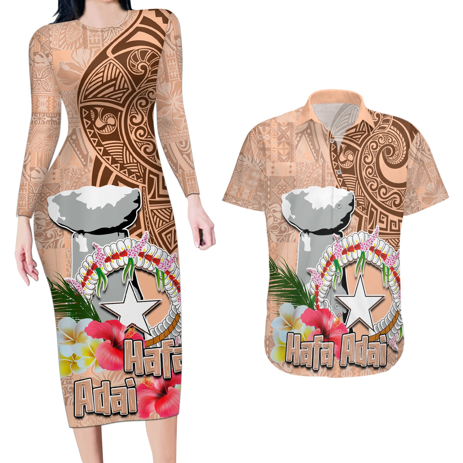 Northern Mariana Islands Hafa Adai Latte Stone Couples Matching Long Sleeve Bodycon Dress and Hawaiian Shirt Peach Fuzz Color LT03 Peach Fuzz Color - Polynesian Pride