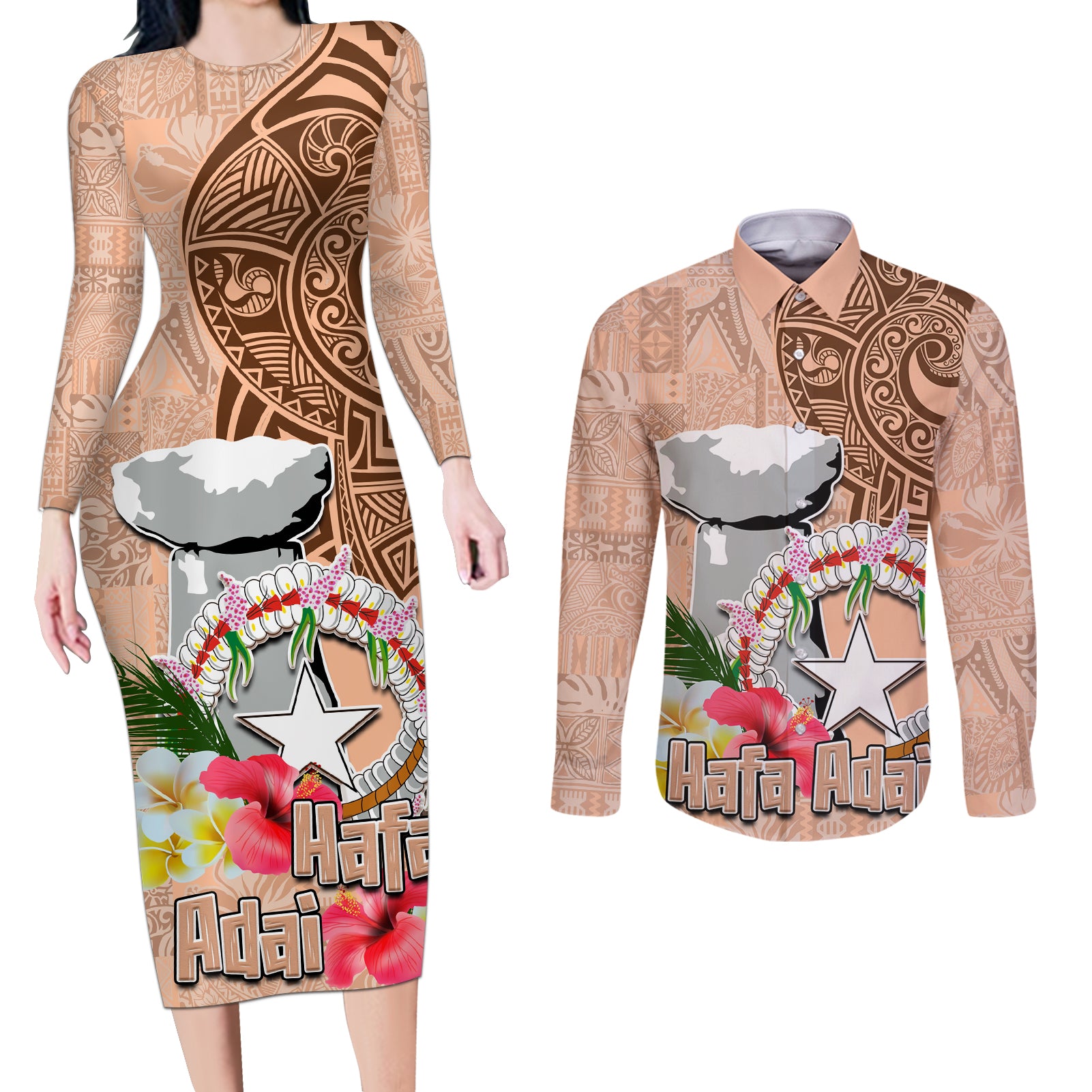 Northern Mariana Islands Hafa Adai Latte Stone Couples Matching Long Sleeve Bodycon Dress and Long Sleeve Button Shirt Peach Fuzz Color LT03 Peach Fuzz Color - Polynesian Pride