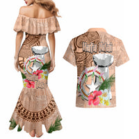 Northern Mariana Islands Hafa Adai Latte Stone Couples Matching Mermaid Dress and Hawaiian Shirt Peach Fuzz Color LT03 - Polynesian Pride