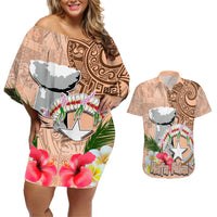 Northern Mariana Islands Hafa Adai Latte Stone Couples Matching Off Shoulder Short Dress and Hawaiian Shirt Peach Fuzz Color LT03 Peach Fuzz Color - Polynesian Pride