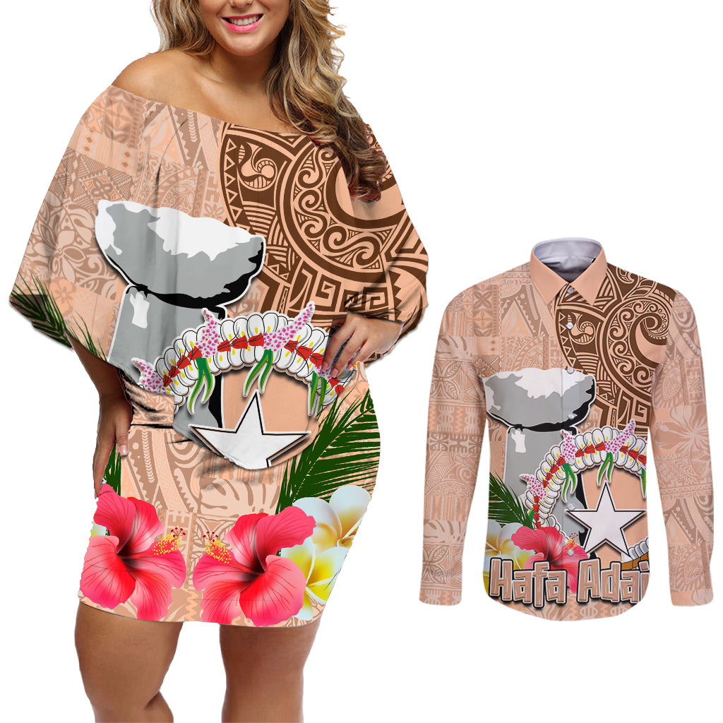 Northern Mariana Islands Hafa Adai Latte Stone Couples Matching Off Shoulder Short Dress and Long Sleeve Button Shirt Peach Fuzz Color LT03 Peach Fuzz Color - Polynesian Pride