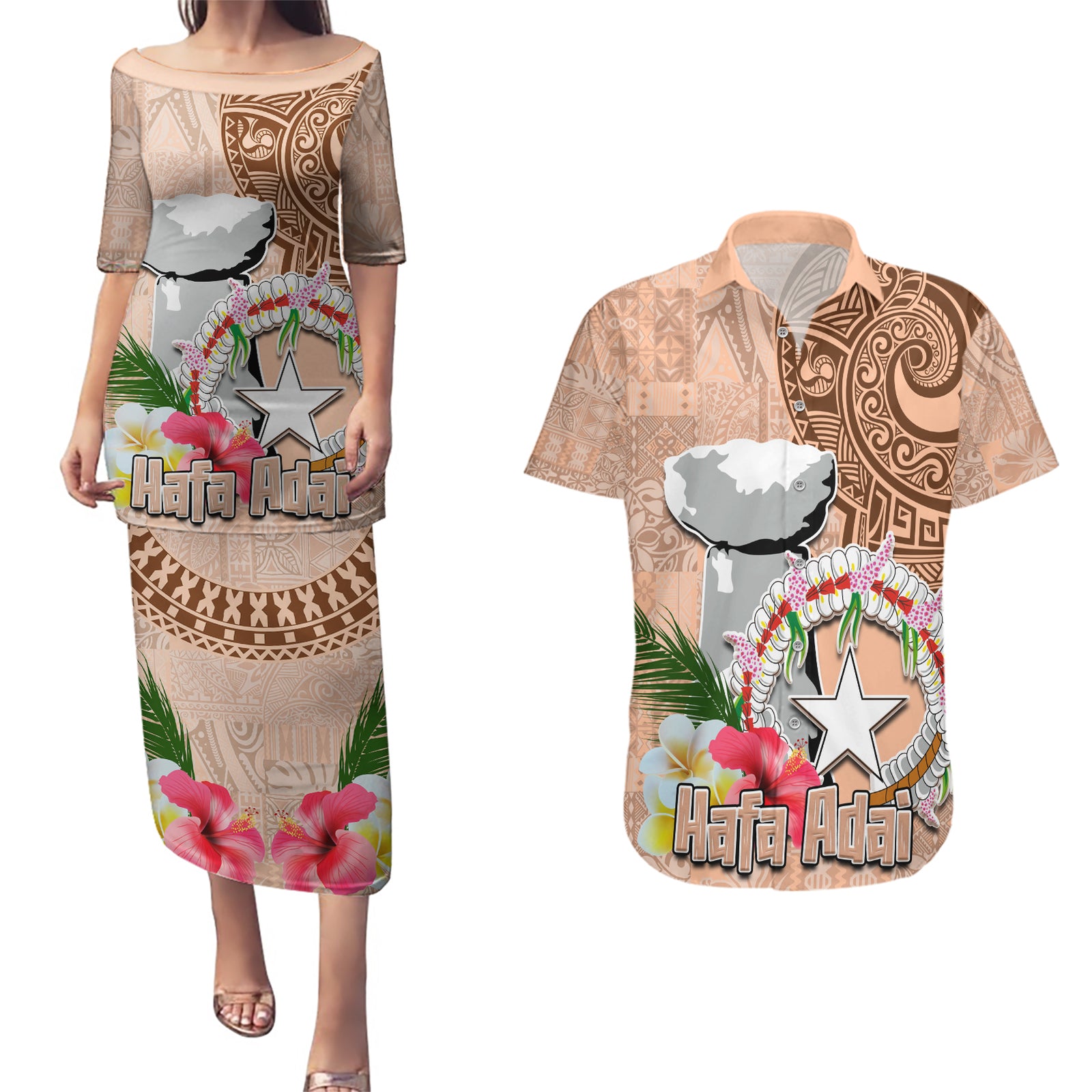 Northern Mariana Islands Hafa Adai Latte Stone Couples Matching Puletasi and Hawaiian Shirt Peach Fuzz Color LT03 Peach Fuzz Color - Polynesian Pride