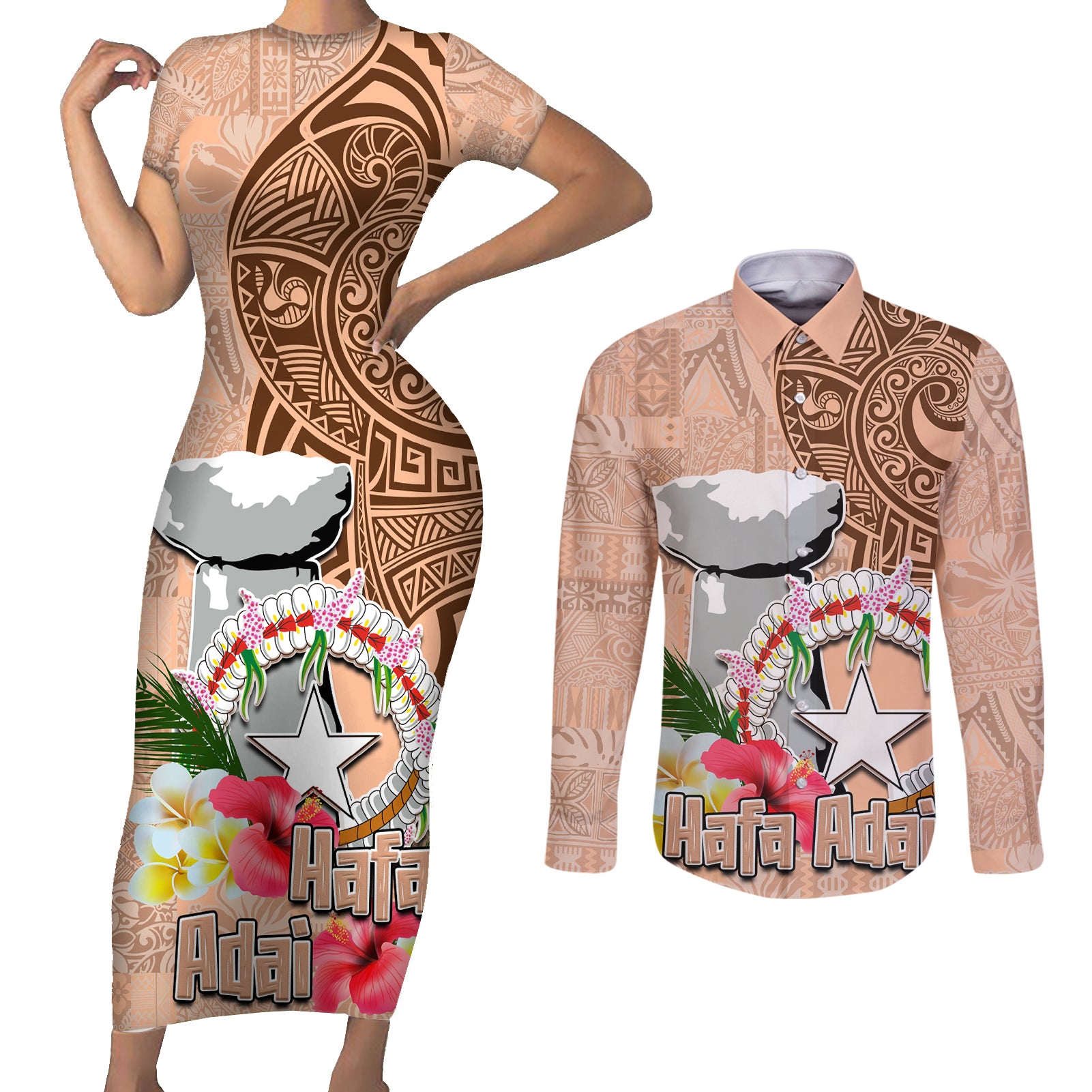 Northern Mariana Islands Hafa Adai Latte Stone Couples Matching Short Sleeve Bodycon Dress and Long Sleeve Button Shirt Peach Fuzz Color LT03 Peach Fuzz Color - Polynesian Pride