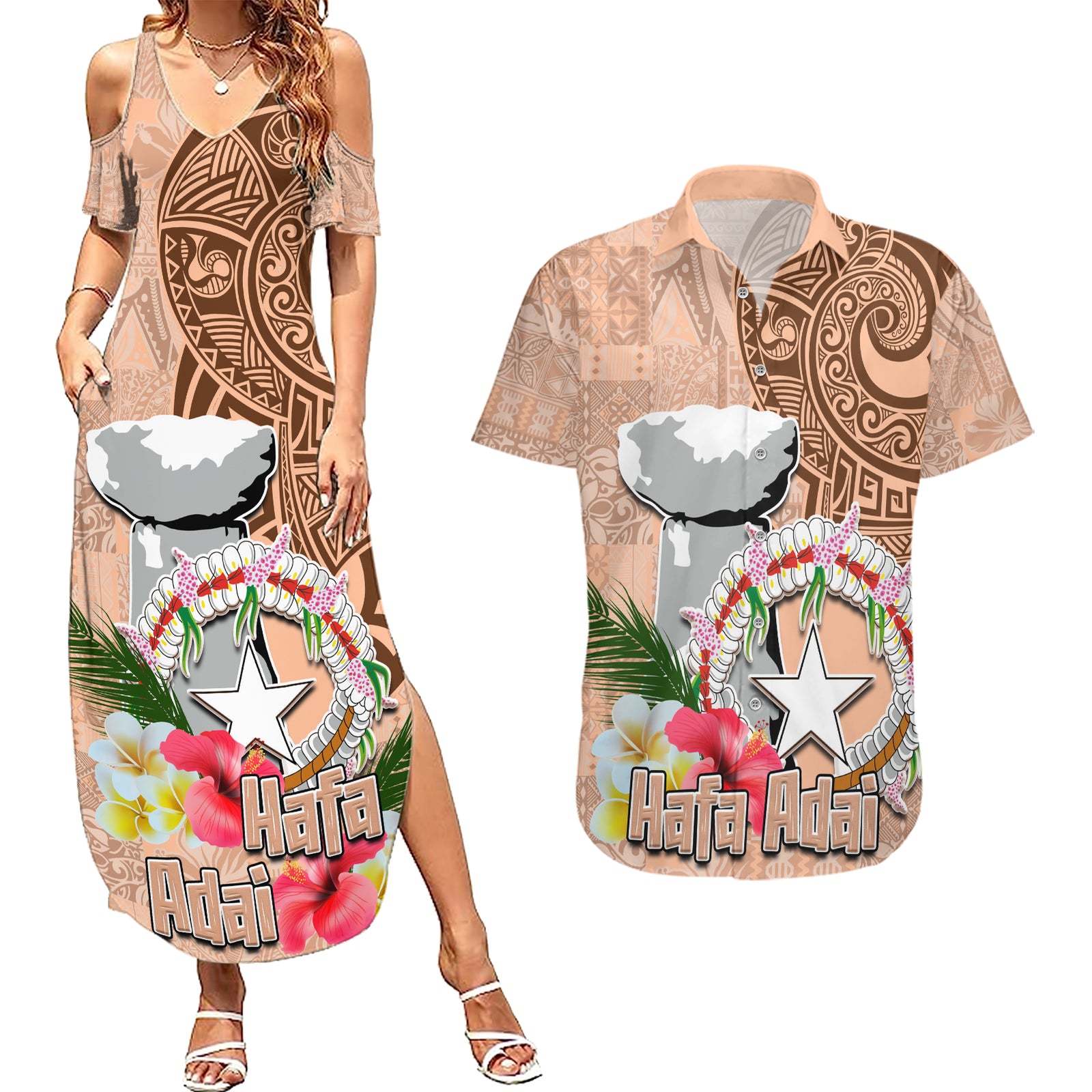Northern Mariana Islands Hafa Adai Latte Stone Couples Matching Summer Maxi Dress and Hawaiian Shirt Peach Fuzz Color LT03 Peach Fuzz Color - Polynesian Pride