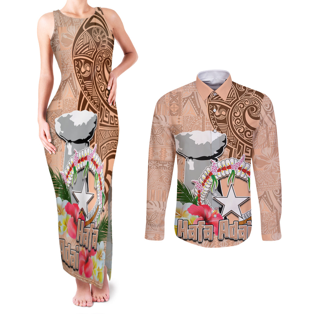 Northern Mariana Islands Hafa Adai Latte Stone Couples Matching Tank Maxi Dress and Long Sleeve Button Shirt Peach Fuzz Color LT03 Peach Fuzz Color - Polynesian Pride