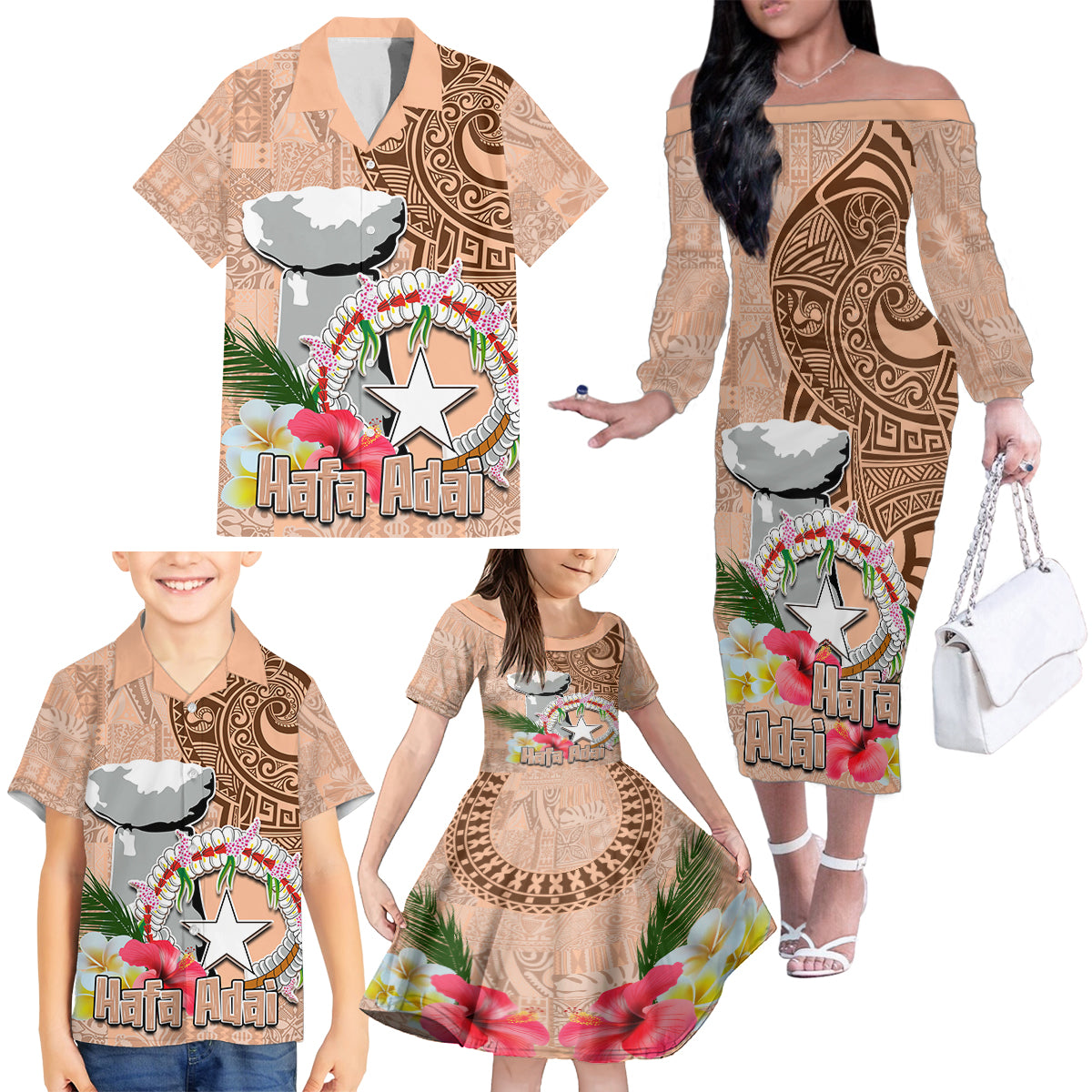 Northern Mariana Islands Hafa Adai Latte Stone Family Matching Off Shoulder Long Sleeve Dress and Hawaiian Shirt Peach Fuzz Color LT03 - Polynesian Pride