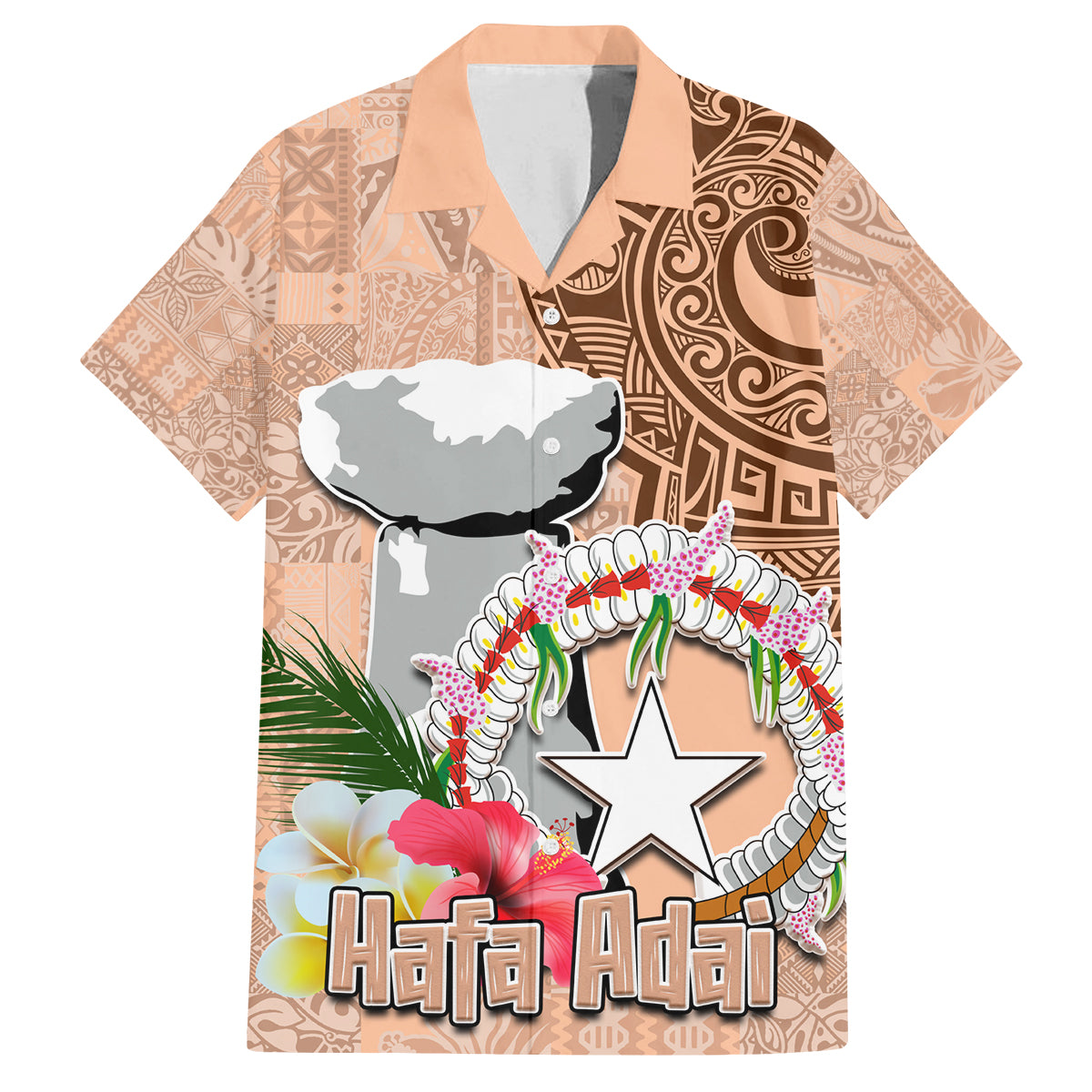 Northern Mariana Islands Hafa Adai Latte Stone Family Matching Off Shoulder Short Dress and Hawaiian Shirt Peach Fuzz Color LT03 Dad's Shirt - Short Sleeve Peach Fuzz Color - Polynesian Pride