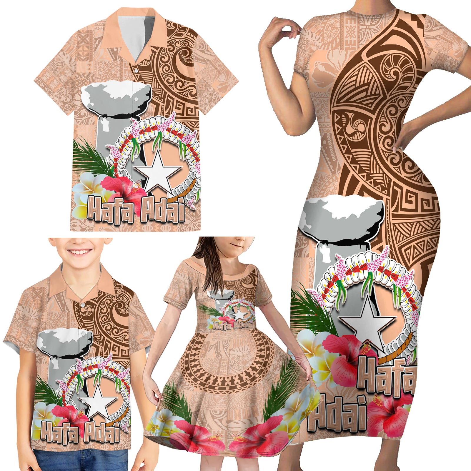 Northern Mariana Islands Hafa Adai Latte Stone Family Matching Short Sleeve Bodycon Dress and Hawaiian Shirt Peach Fuzz Color LT03 - Polynesian Pride