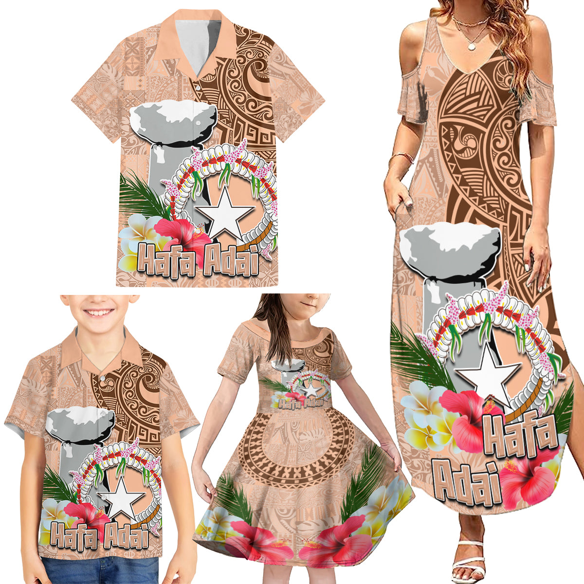 Northern Mariana Islands Hafa Adai Latte Stone Family Matching Summer Maxi Dress and Hawaiian Shirt Peach Fuzz Color LT03 - Polynesian Pride