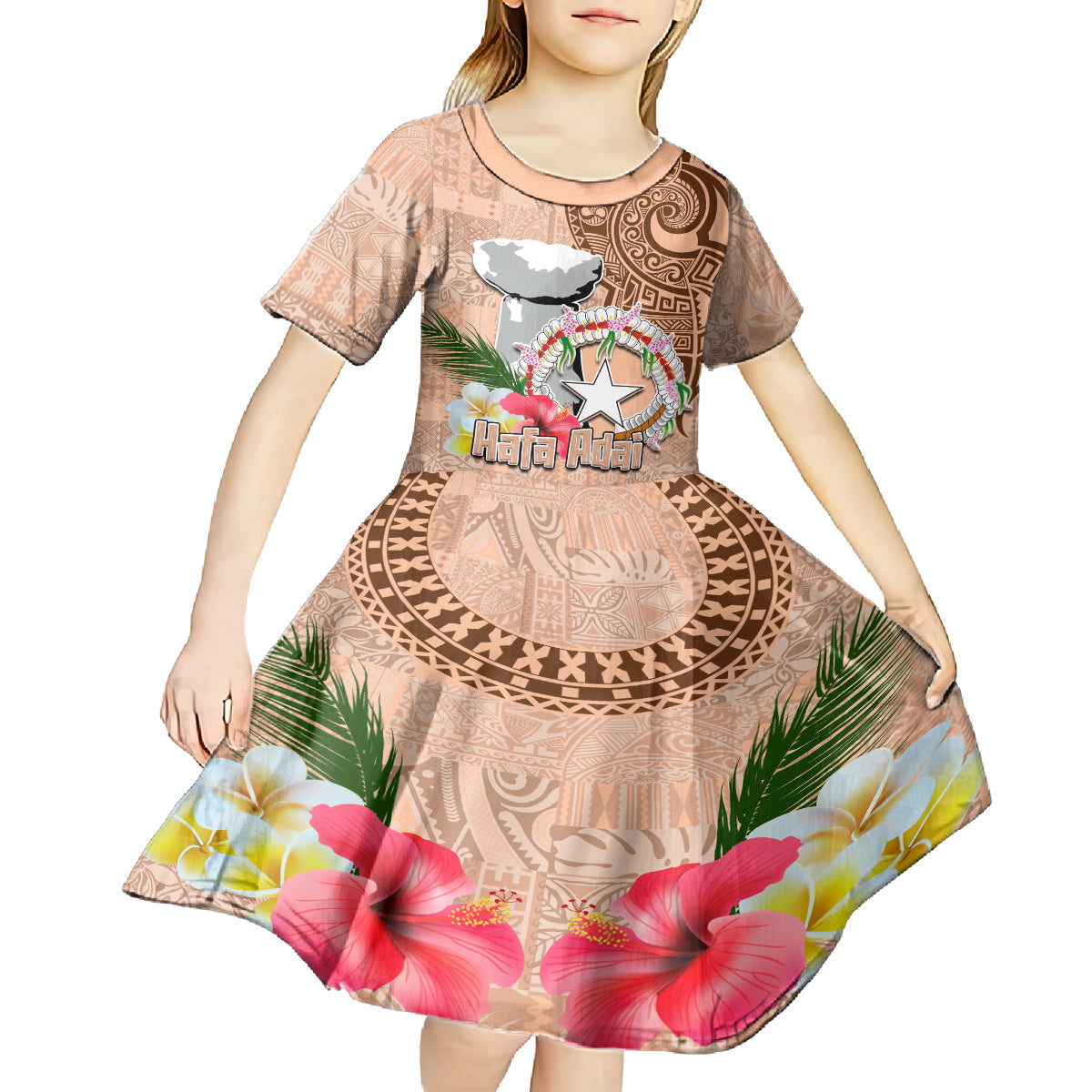 Northern Mariana Islands Hafa Adai Latte Stone Kid Short Sleeve Dress Peach Fuzz Color LT03 - Polynesian Pride