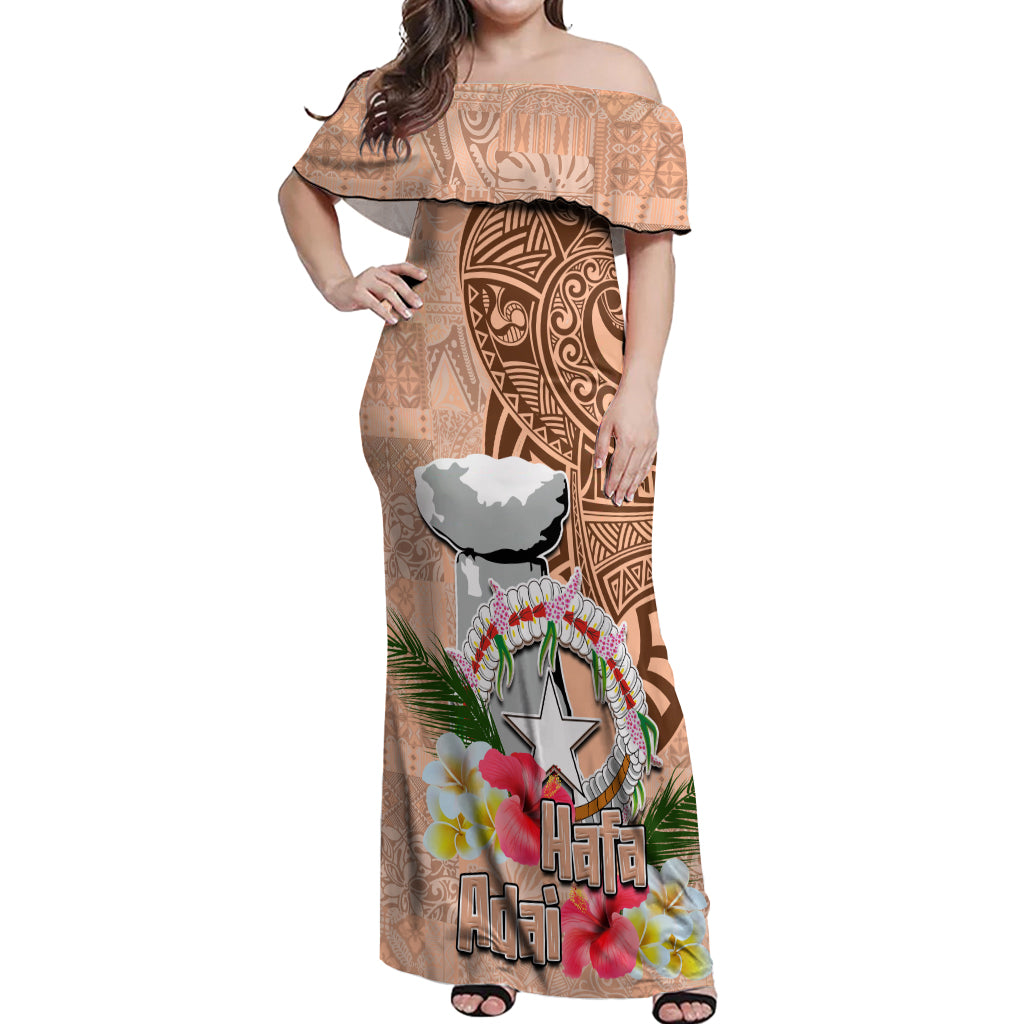 Northern Mariana Islands Hafa Adai Latte Stone Off Shoulder Maxi Dress Peach Fuzz Color LT03 Women Peach Fuzz Color - Polynesian Pride