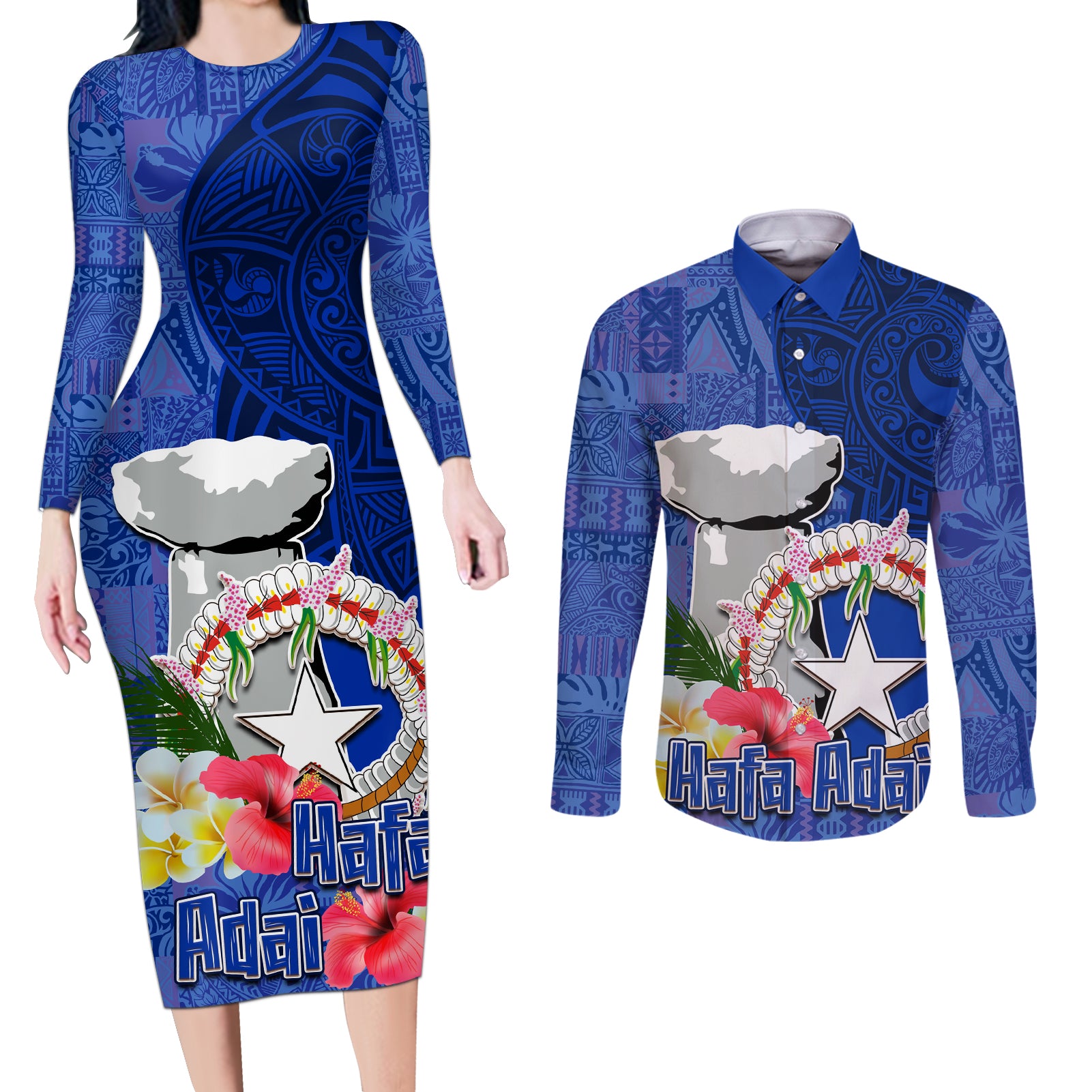 Northern Mariana Islands Hafa Adai Latte Stone Couples Matching Long Sleeve Bodycon Dress and Long Sleeve Button Shirt Blue Color LT03 Blue - Polynesian Pride