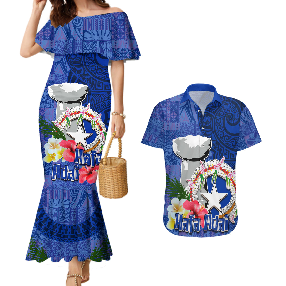 Northern Mariana Islands Hafa Adai Latte Stone Couples Matching Mermaid Dress and Hawaiian Shirt Blue Color LT03 Blue - Polynesian Pride