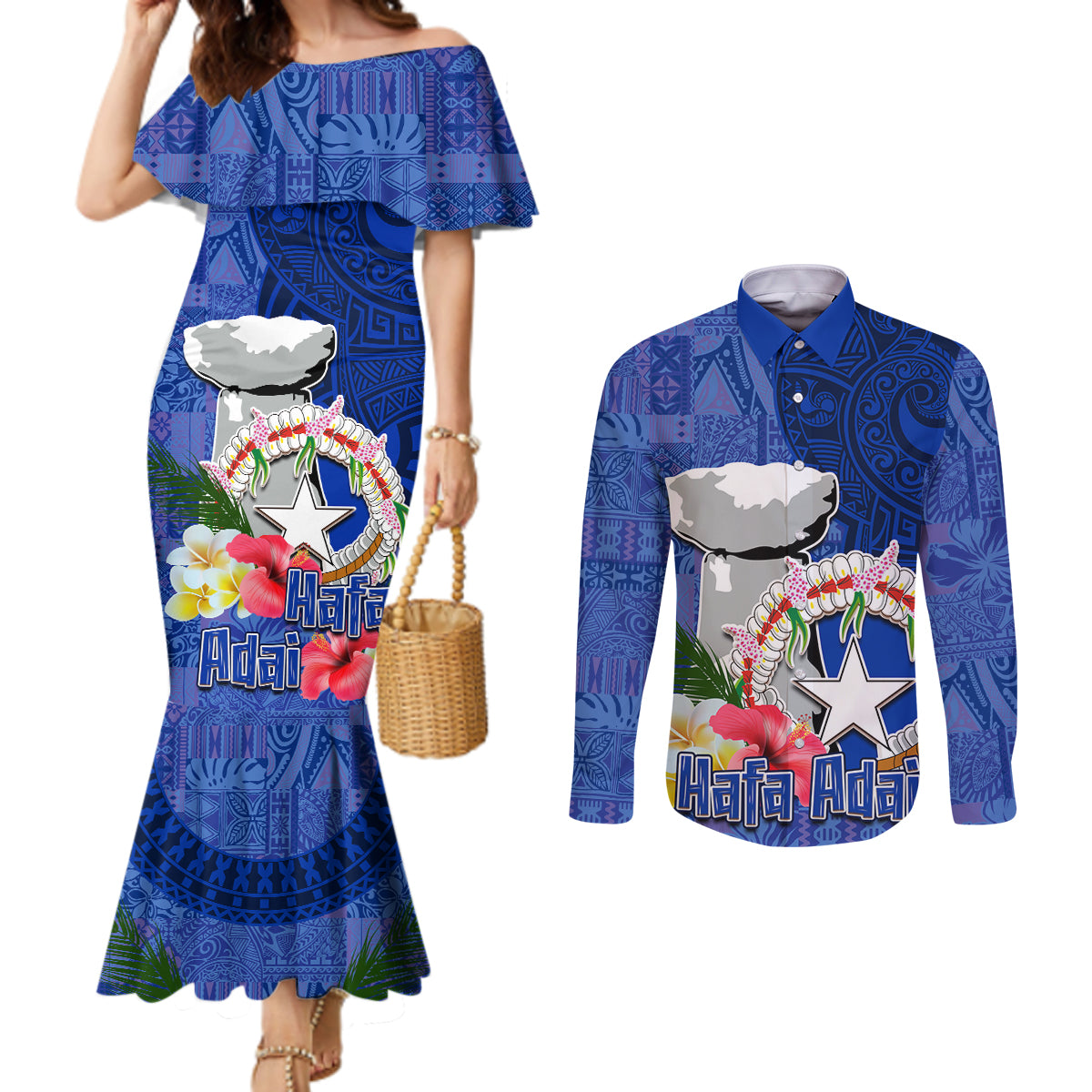 Northern Mariana Islands Hafa Adai Latte Stone Couples Matching Mermaid Dress and Long Sleeve Button Shirt Blue Color LT03 Blue - Polynesian Pride