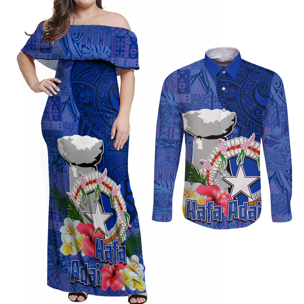 Northern Mariana Islands Hafa Adai Latte Stone Couples Matching Off Shoulder Maxi Dress and Long Sleeve Button Shirt Blue Color LT03 Blue - Polynesian Pride