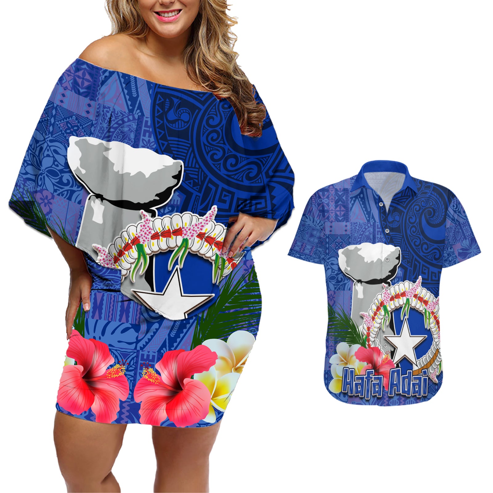 Northern Mariana Islands Hafa Adai Latte Stone Couples Matching Off Shoulder Short Dress and Hawaiian Shirt Blue Color LT03 Blue - Polynesian Pride