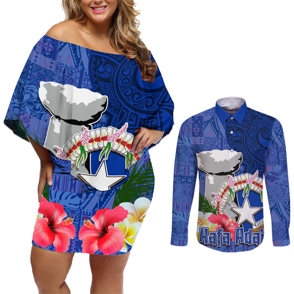 Northern Mariana Islands Hafa Adai Latte Stone Couples Matching Off Shoulder Short Dress and Long Sleeve Button Shirt Blue Color LT03 Blue - Polynesian Pride