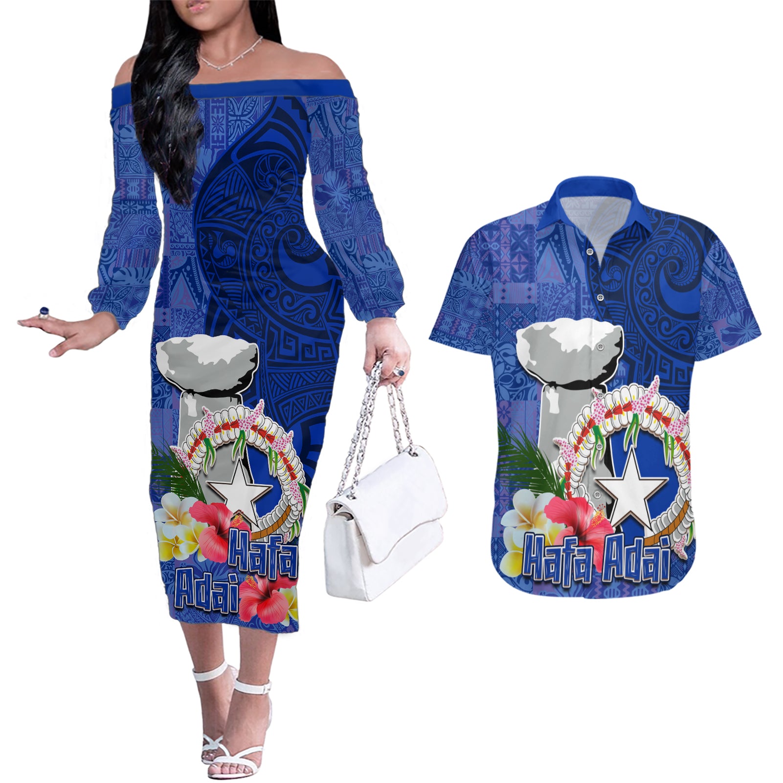 Northern Mariana Islands Hafa Adai Latte Stone Couples Matching Off The Shoulder Long Sleeve Dress and Hawaiian Shirt Blue Color LT03 Blue - Polynesian Pride