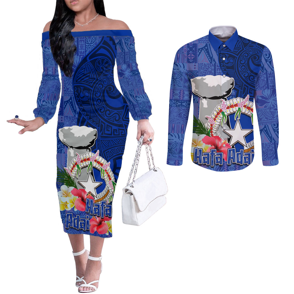 Northern Mariana Islands Hafa Adai Latte Stone Couples Matching Off The Shoulder Long Sleeve Dress and Long Sleeve Button Shirt Blue Color LT03 Blue - Polynesian Pride