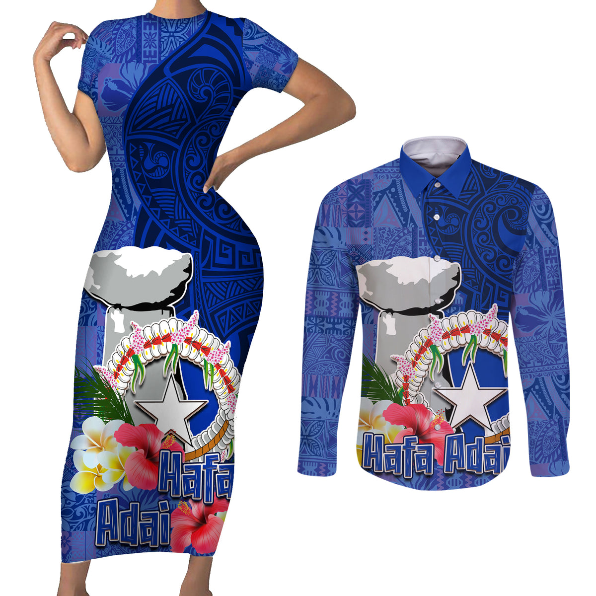 Northern Mariana Islands Hafa Adai Latte Stone Couples Matching Short Sleeve Bodycon Dress and Long Sleeve Button Shirt Blue Color LT03 Blue - Polynesian Pride