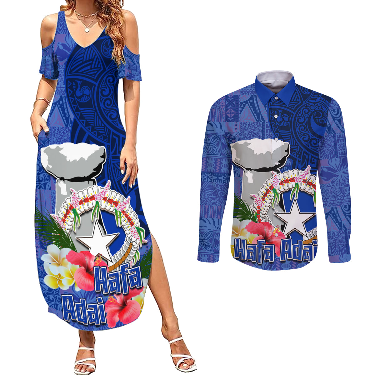 Northern Mariana Islands Hafa Adai Latte Stone Couples Matching Summer Maxi Dress and Long Sleeve Button Shirt Blue Color LT03 Blue - Polynesian Pride