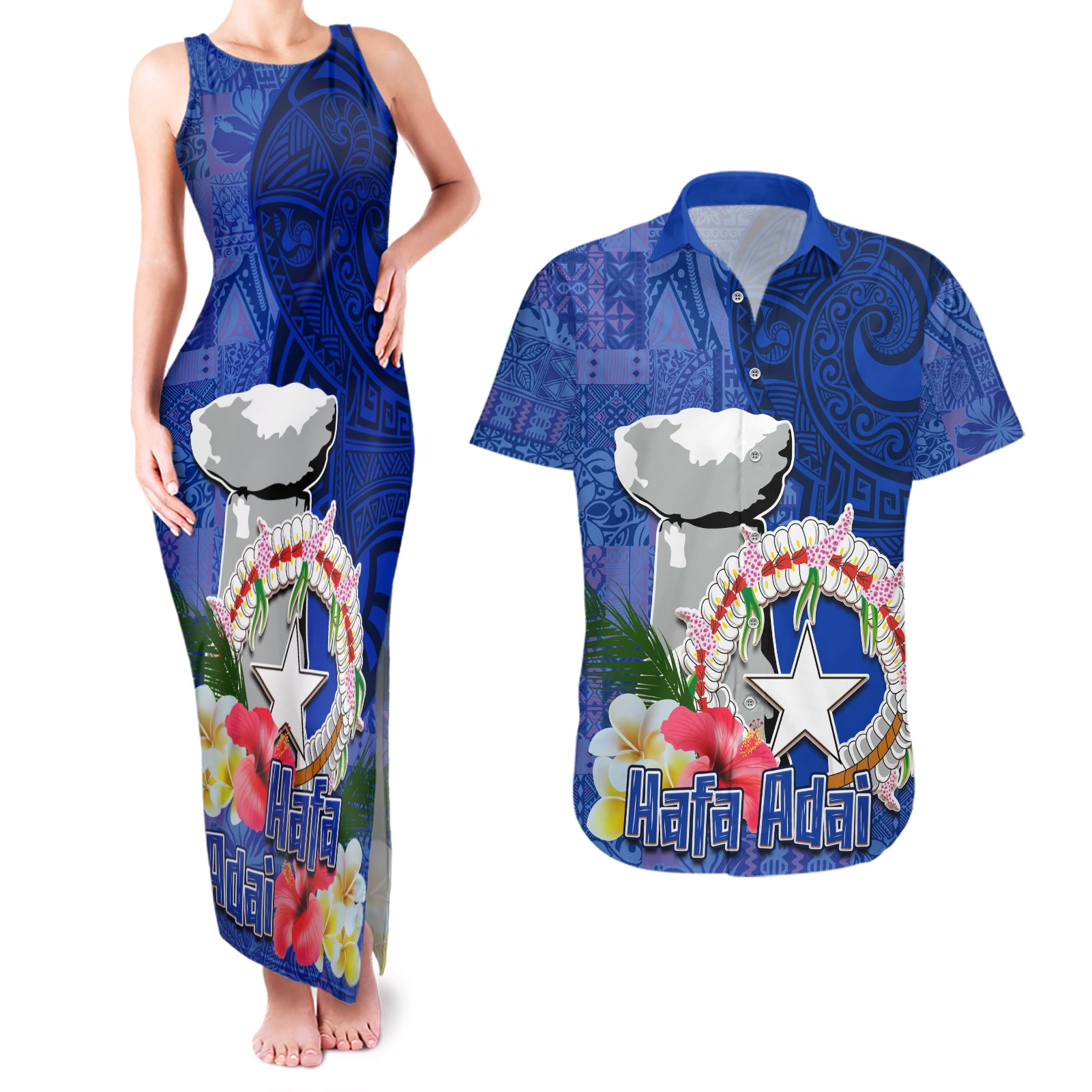 Northern Mariana Islands Hafa Adai Latte Stone Couples Matching Tank Maxi Dress and Hawaiian Shirt Blue Color LT03 Blue - Polynesian Pride