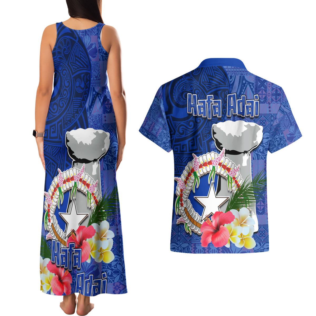 Northern Mariana Islands Hafa Adai Latte Stone Couples Matching Tank Maxi Dress and Hawaiian Shirt Blue Color LT03 - Polynesian Pride