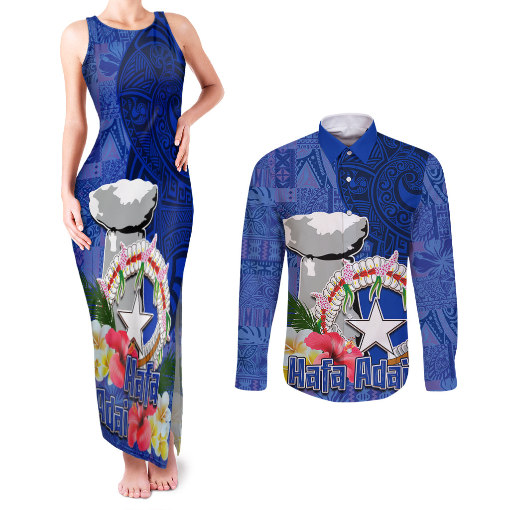 Northern Mariana Islands Hafa Adai Latte Stone Couples Matching Tank Maxi Dress and Long Sleeve Button Shirt Blue Color LT03 Blue - Polynesian Pride