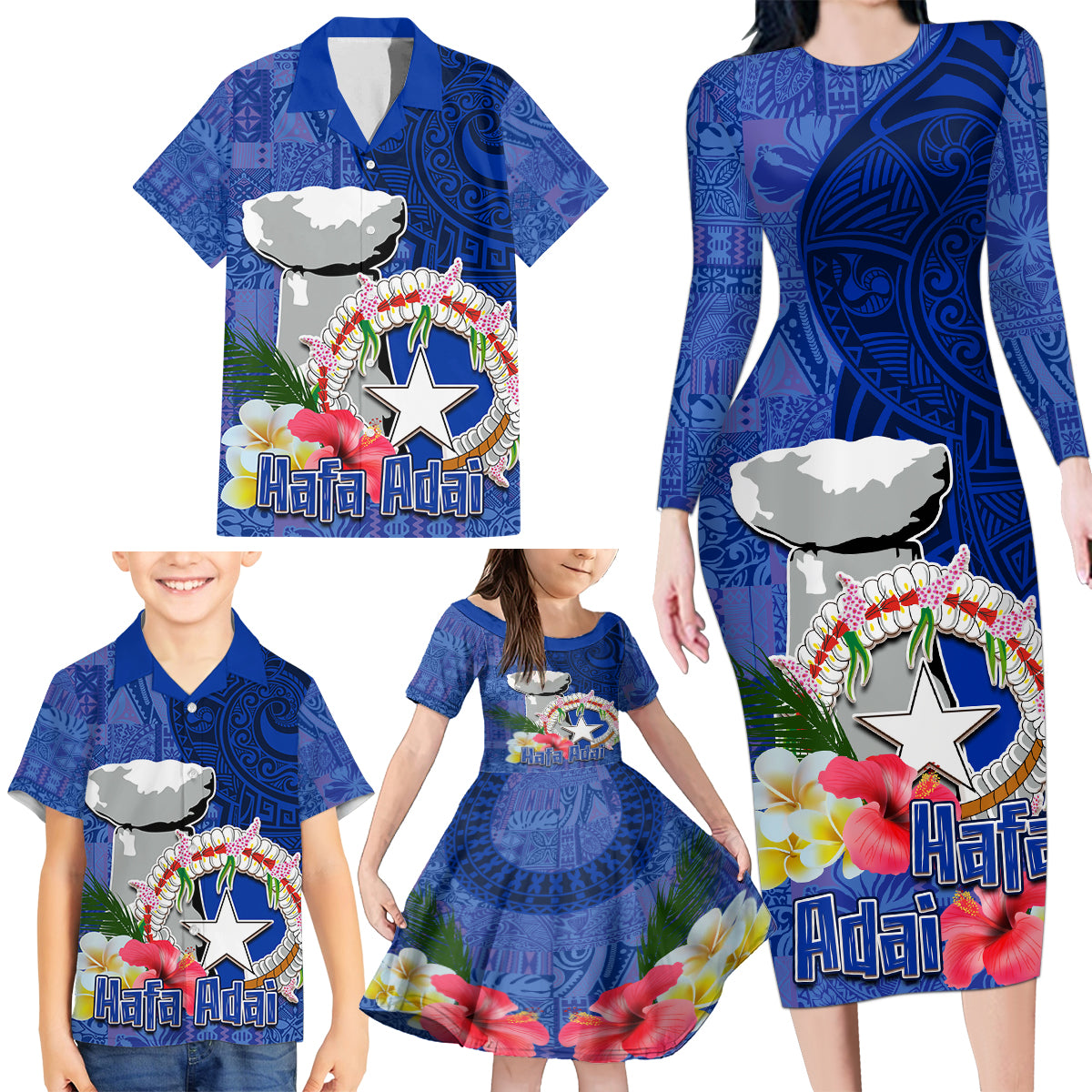 Northern Mariana Islands Hafa Adai Latte Stone Family Matching Long Sleeve Bodycon Dress and Hawaiian Shirt Blue Color LT03 - Polynesian Pride