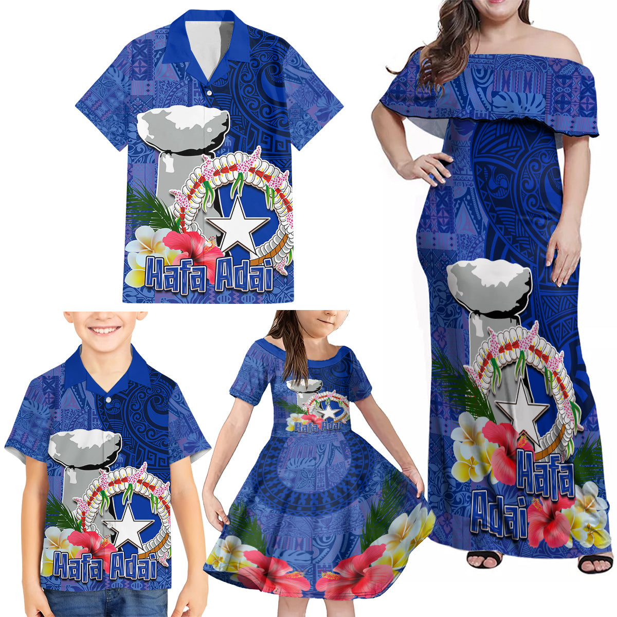 Northern Mariana Islands Hafa Adai Latte Stone Family Matching Off Shoulder Maxi Dress and Hawaiian Shirt Blue Color LT03 - Polynesian Pride