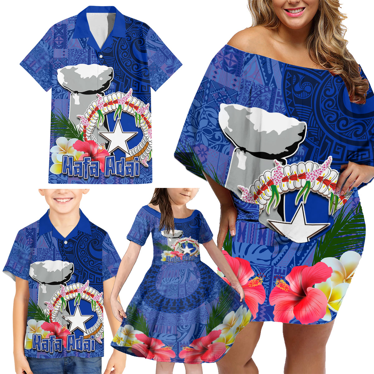 Northern Mariana Islands Hafa Adai Latte Stone Family Matching Off Shoulder Short Dress and Hawaiian Shirt Blue Color LT03 - Polynesian Pride