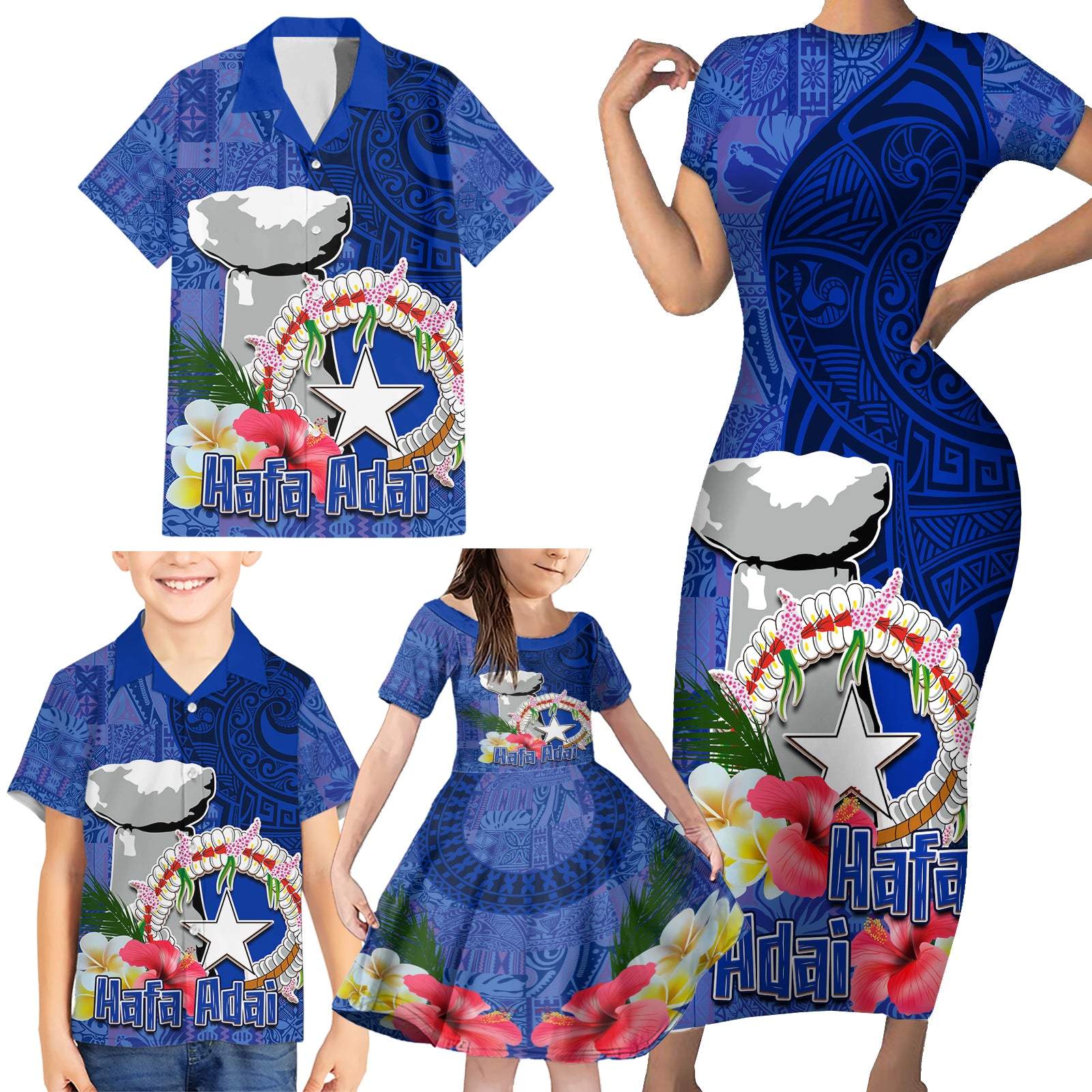 Northern Mariana Islands Hafa Adai Latte Stone Family Matching Short Sleeve Bodycon Dress and Hawaiian Shirt Blue Color LT03 - Polynesian Pride