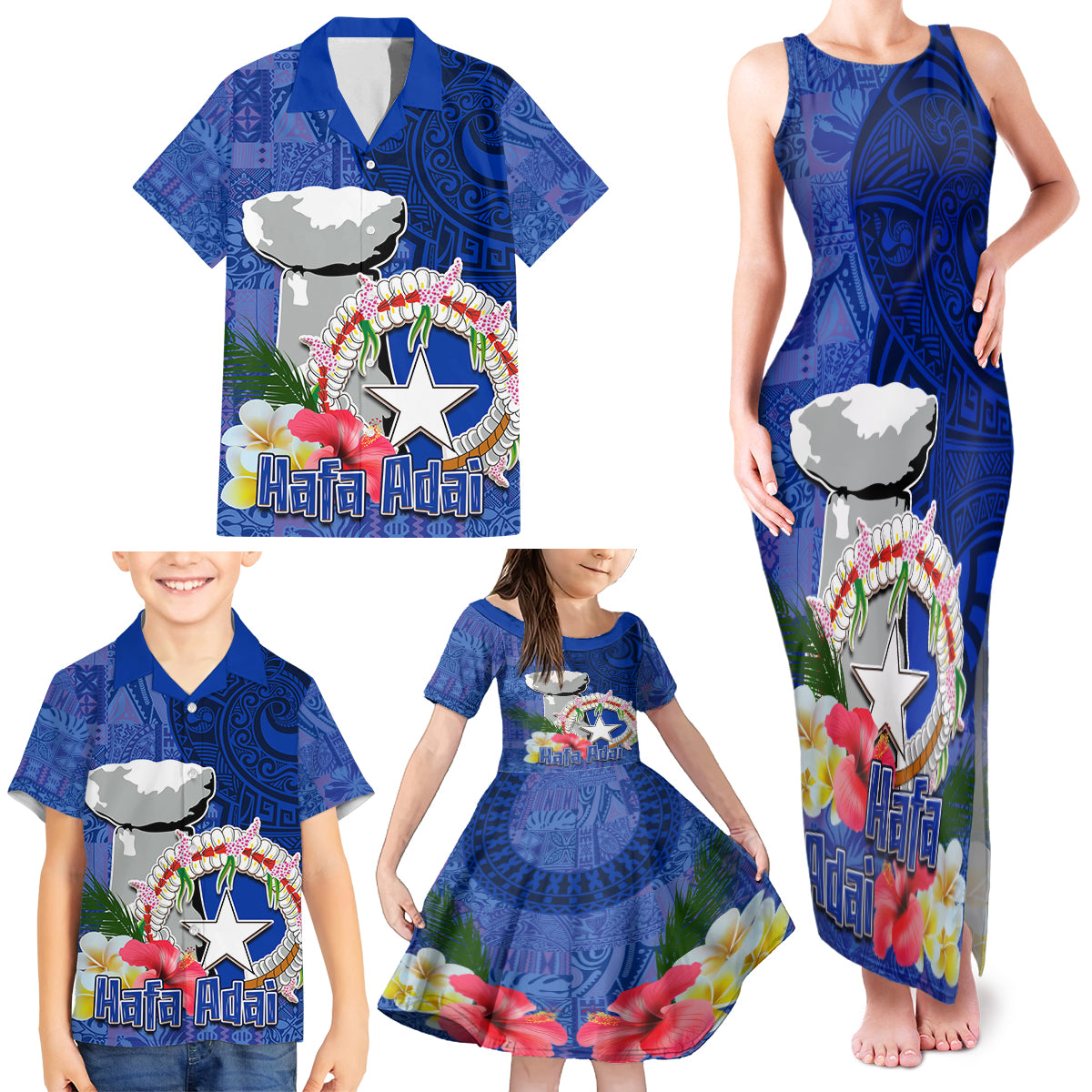 Northern Mariana Islands Hafa Adai Latte Stone Family Matching Tank Maxi Dress and Hawaiian Shirt Blue Color LT03 - Polynesian Pride