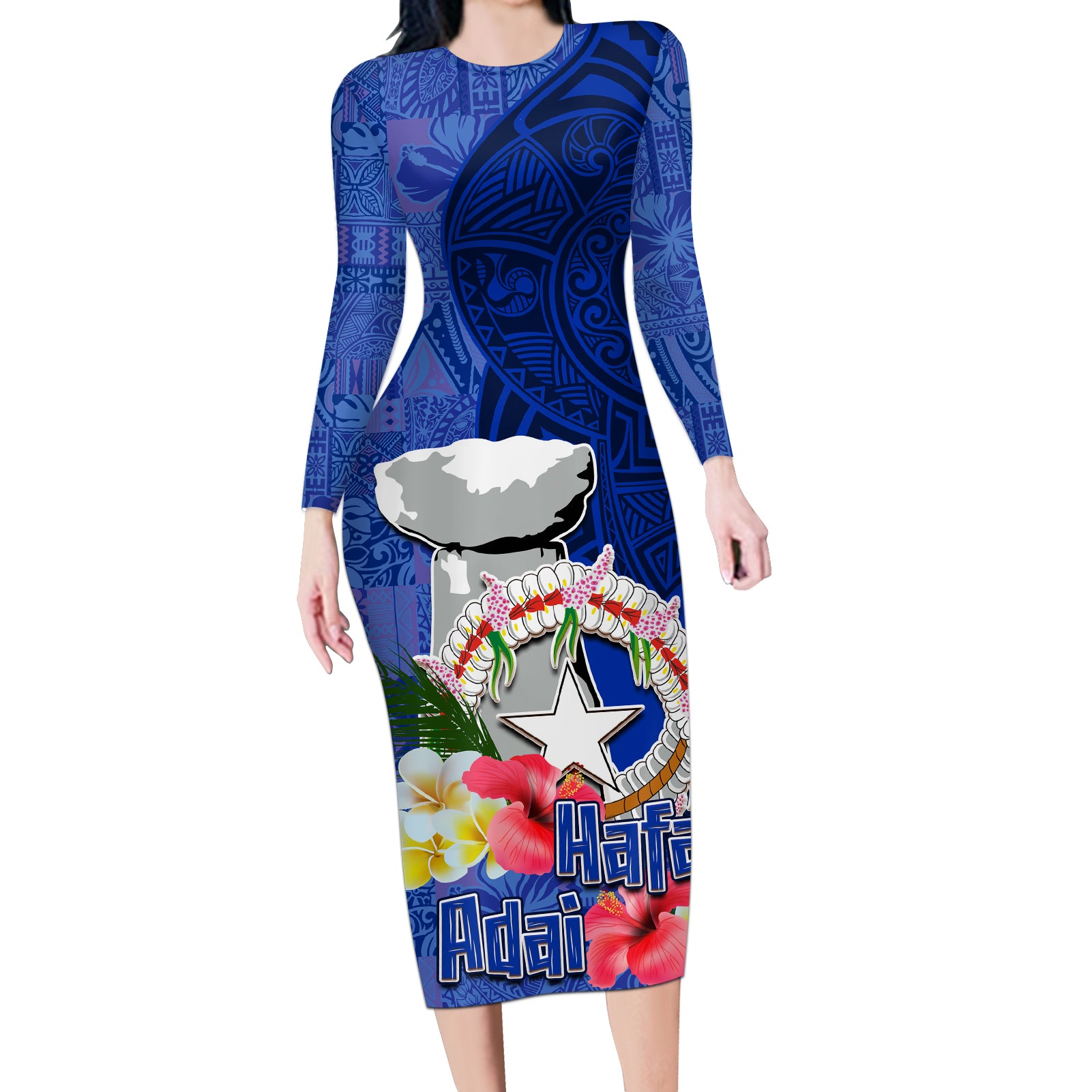 Northern Mariana Islands Hafa Adai Latte Stone Long Sleeve Bodycon Dress Blue Color LT03 Long Dress Blue - Polynesian Pride